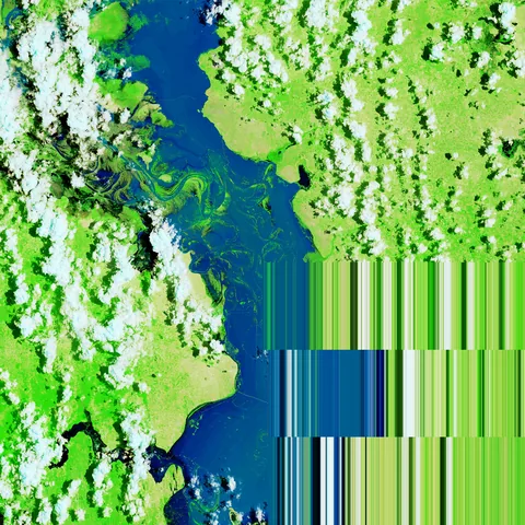 False-colour Landsat image of flooding in southern Mozambique: deep blue floodwater spreading across bright green land, with scattered cloud.